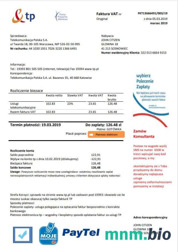 Szablon rachunku za media Polska TP w formacie Word i PDF